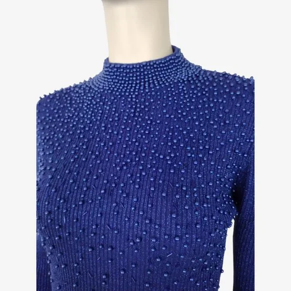 Vintage 1980s Blue Metallic Silk Beaded Stretch Knit Mock Neck Sweater - Picture 8 of 12